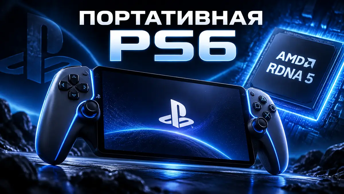 Футуристичная портативная консоль PlayStation в центре, светящийся чип AMD RDNA 5, сине-чёрный фон