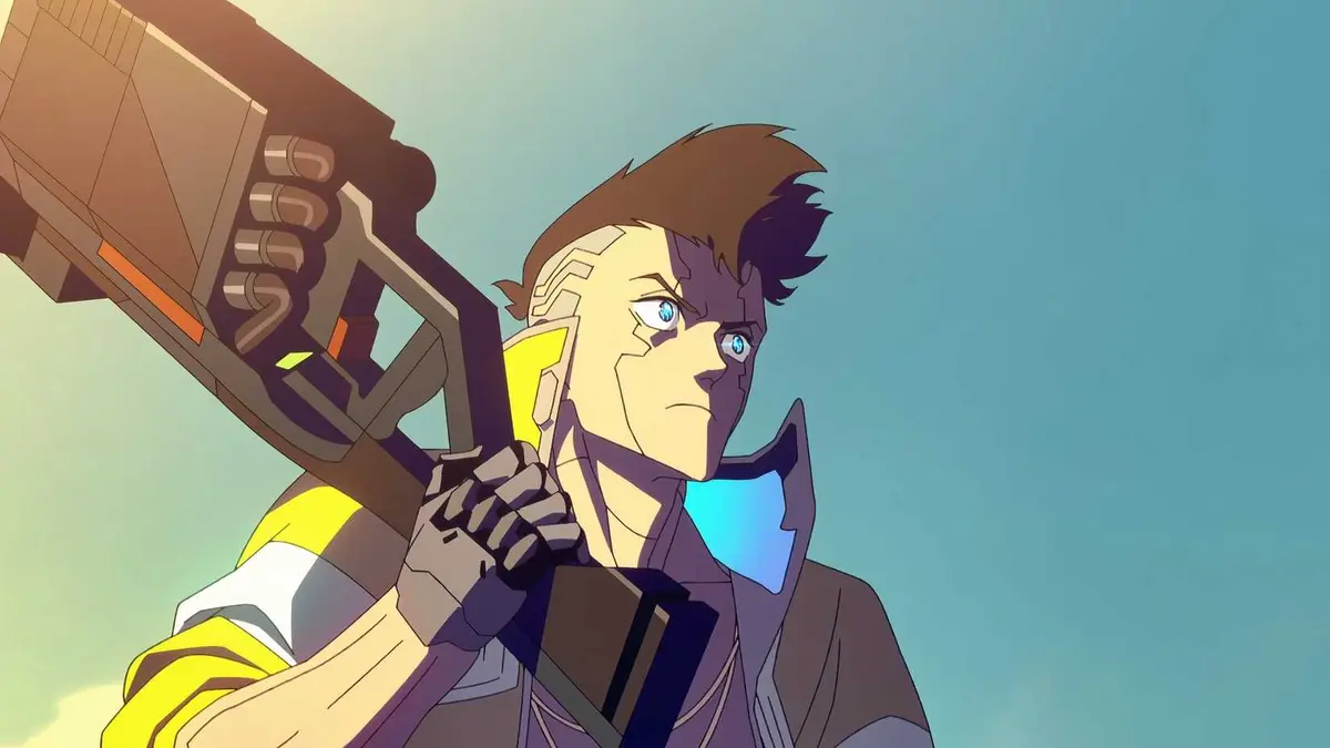 David Martinez resting a huge gun on his shoulder in Cyberpunk: Edgerunners