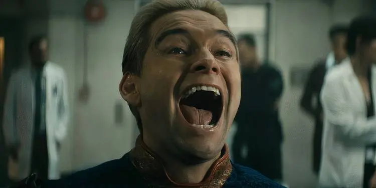 Antony Starr as Homelander screaming maniacly in close-up in Season 4 of The Boys.