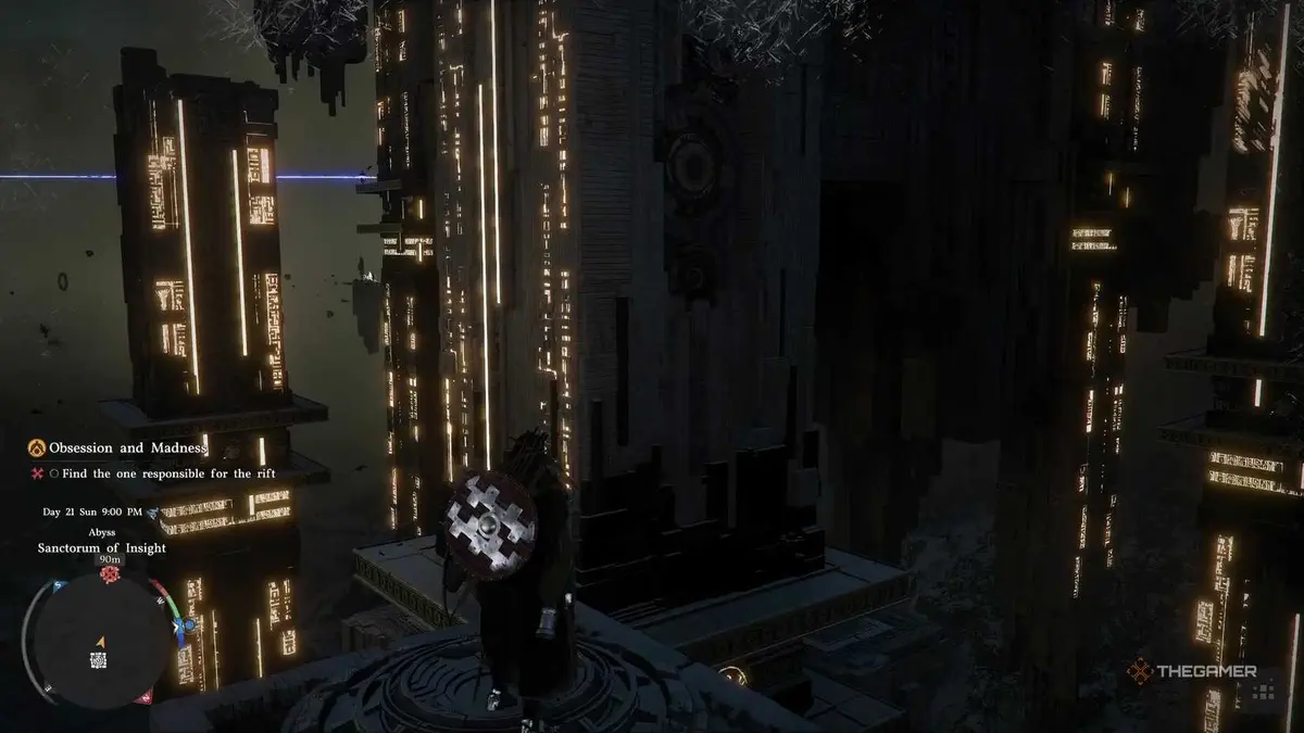 Standing in front of the pillars Obsession and Madness mission in Crimson Desert.