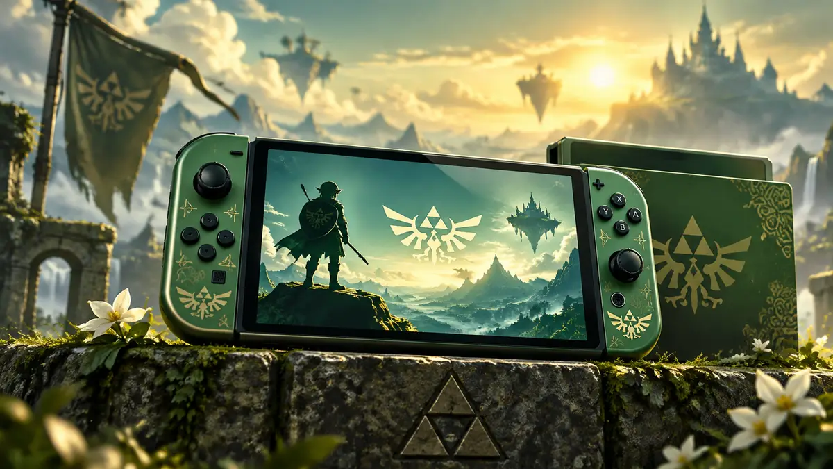 Зеленая консоль Nintendo Switch 2 в стиле Zelda с логотипом и Линком на экране