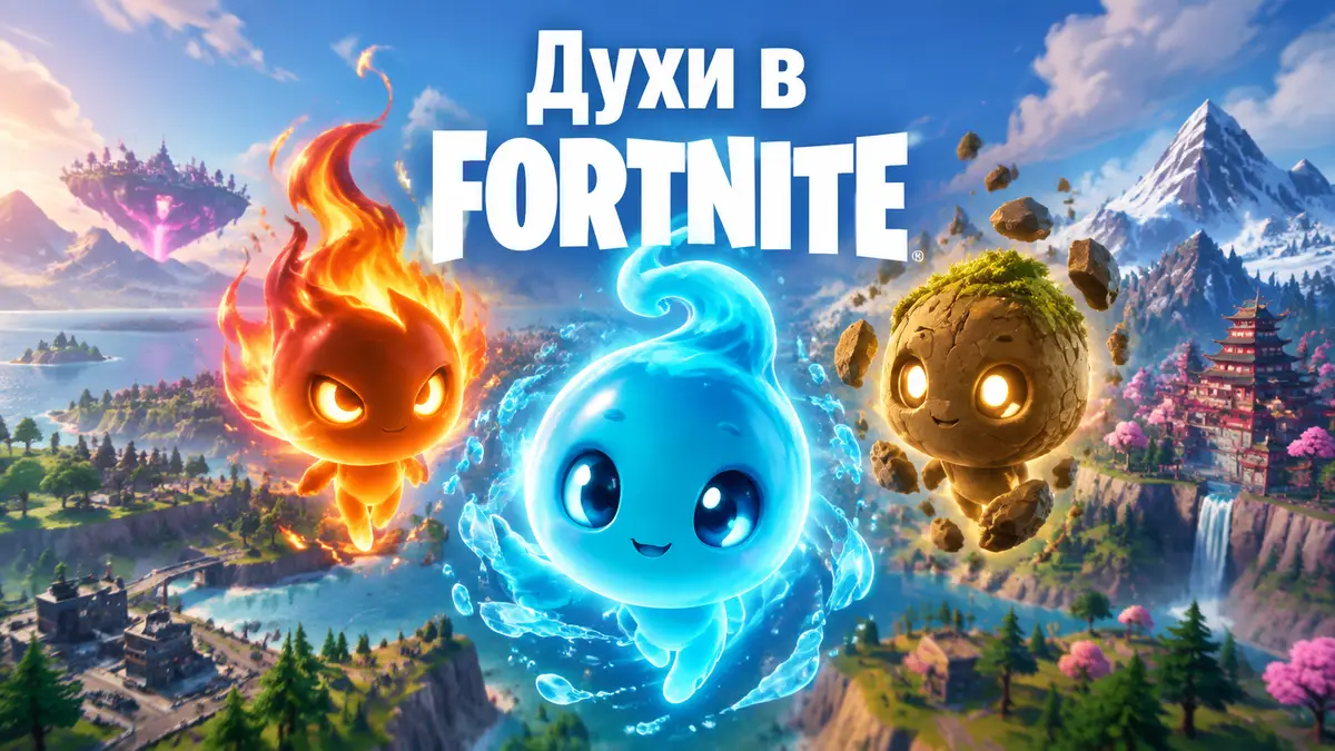Светящиеся Духи Fortnite — огненный, водный и земляной — парят над ярким островом в стиле игры