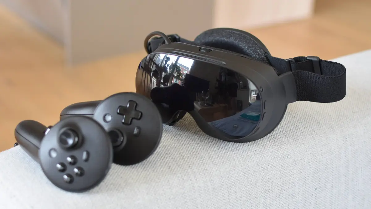 The Steam Frame VR headset with its two controllers.
