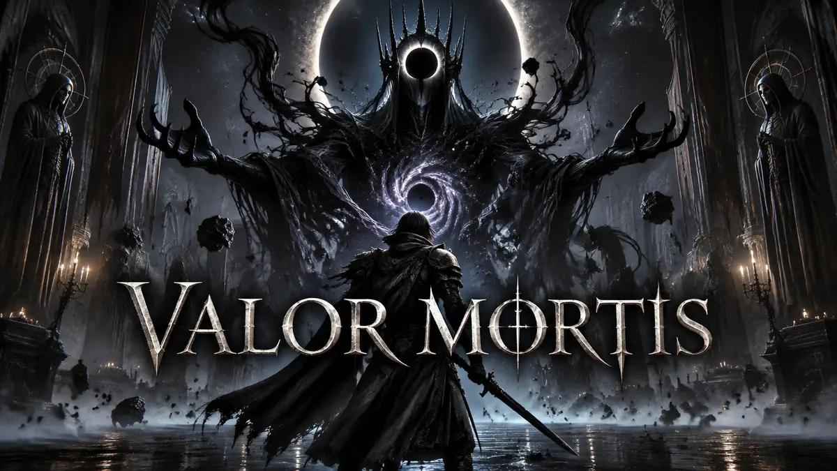 Таинственный босс Entity, Voice of the Void из Valor Mortis в мрачном готическом зале, тёмный key art