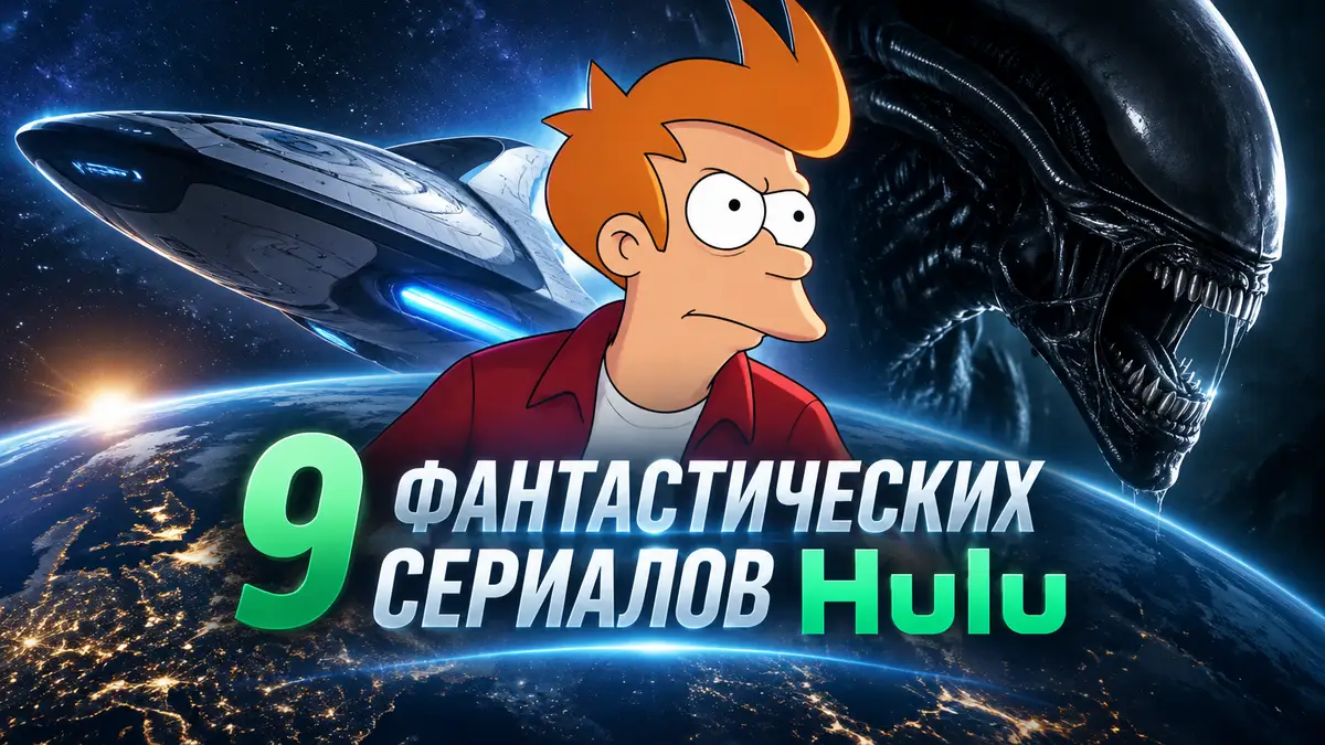 Постер фантастических сериалов Hulu: корабль «Орвилл», Фрай из «Футурамы» и Чужой на фоне ночной Земли