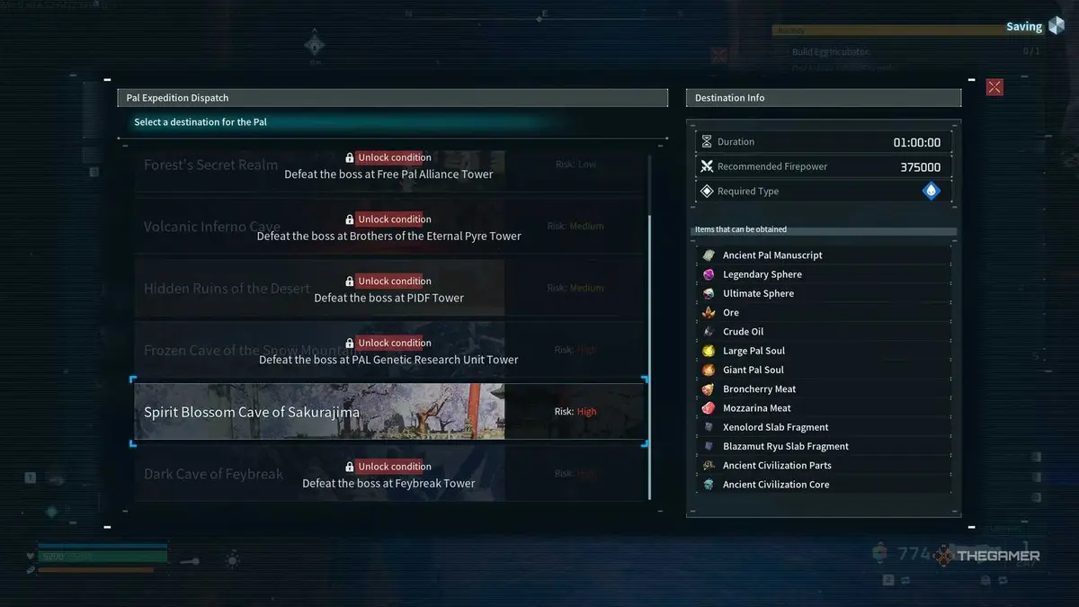 The player is selecting Sakurajima's expedition destination in Palworld.