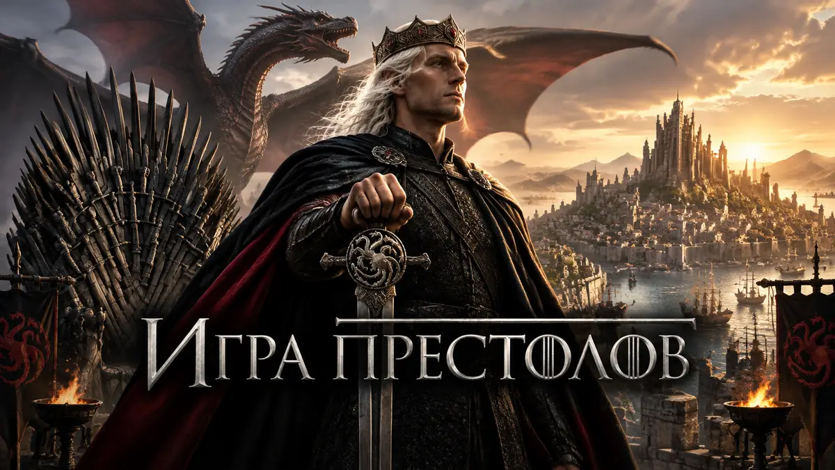 Эйгон Завоеватель на фоне Королевской Гавани с драконом и Железным троном — постер «Игры престолов»