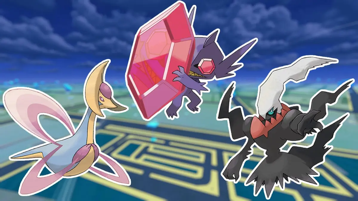 Cresselia, Mega Sableye and Darkrai on a Pokémon Go night background.