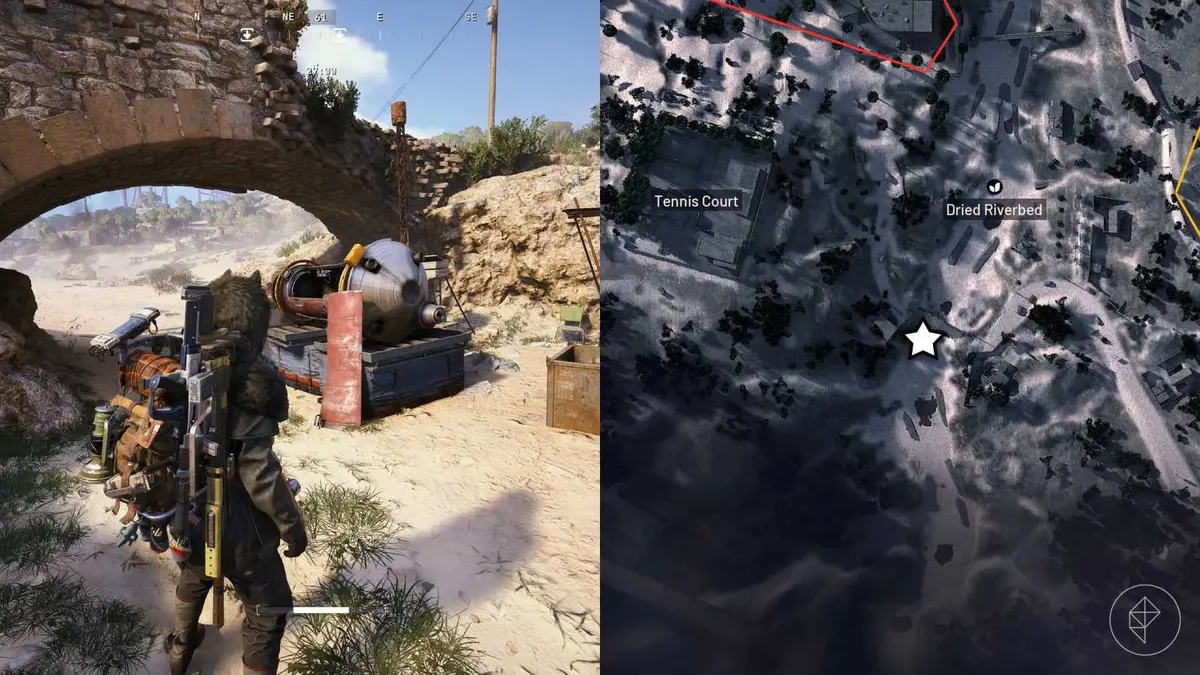 The left-hand side of the image shows the player in Arc Raiders standing next to a gondola prototype while the right-hand side of the image shows the location marked on the in-game map.