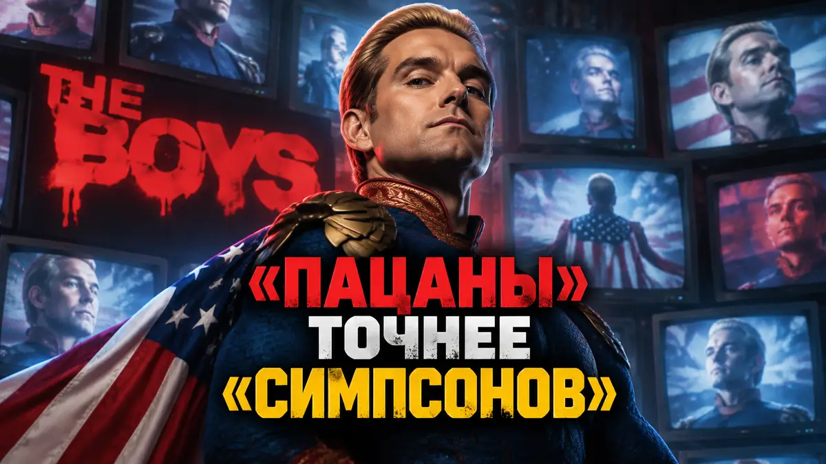 Хоумлендер из сериала «Пацаны» в синем плаще с американским флагом на фоне телеэкранов и логотипа шоу