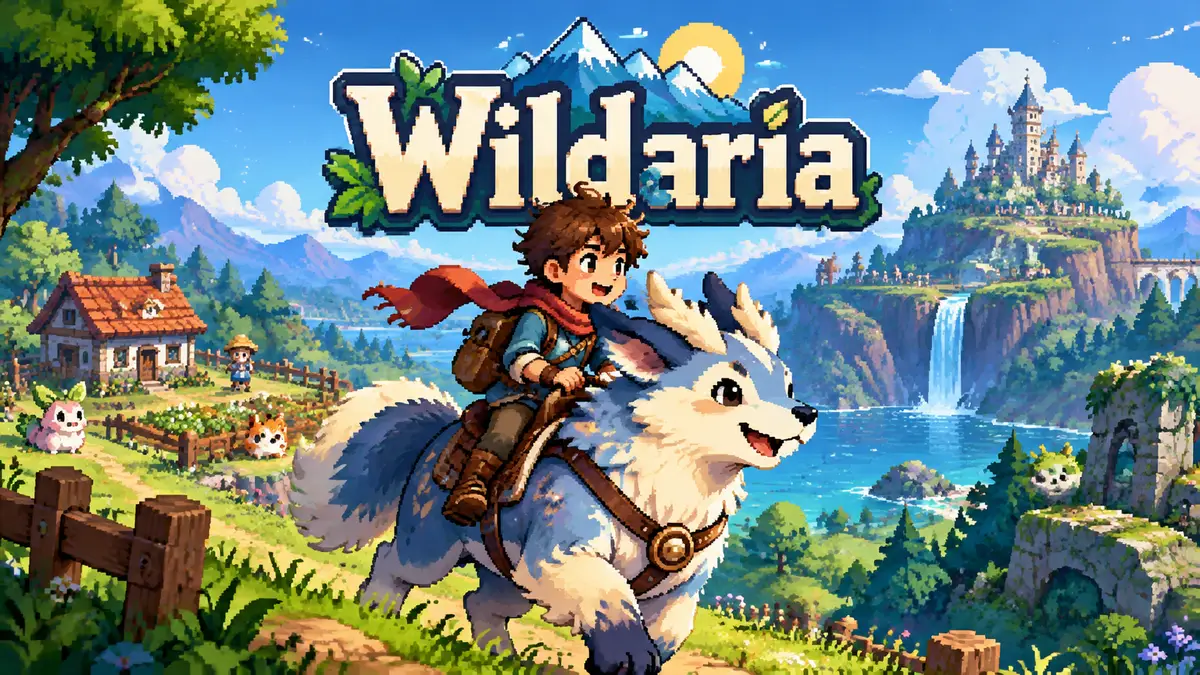 Герой Wildaria верхом на прирученном существе в пиксельном мире в стиле Stardew Valley и Pokémon