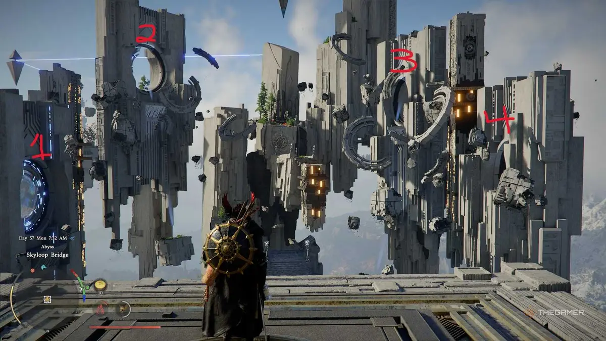 A player solving the Skyloop Bridge puzzle in Crimson Desert.