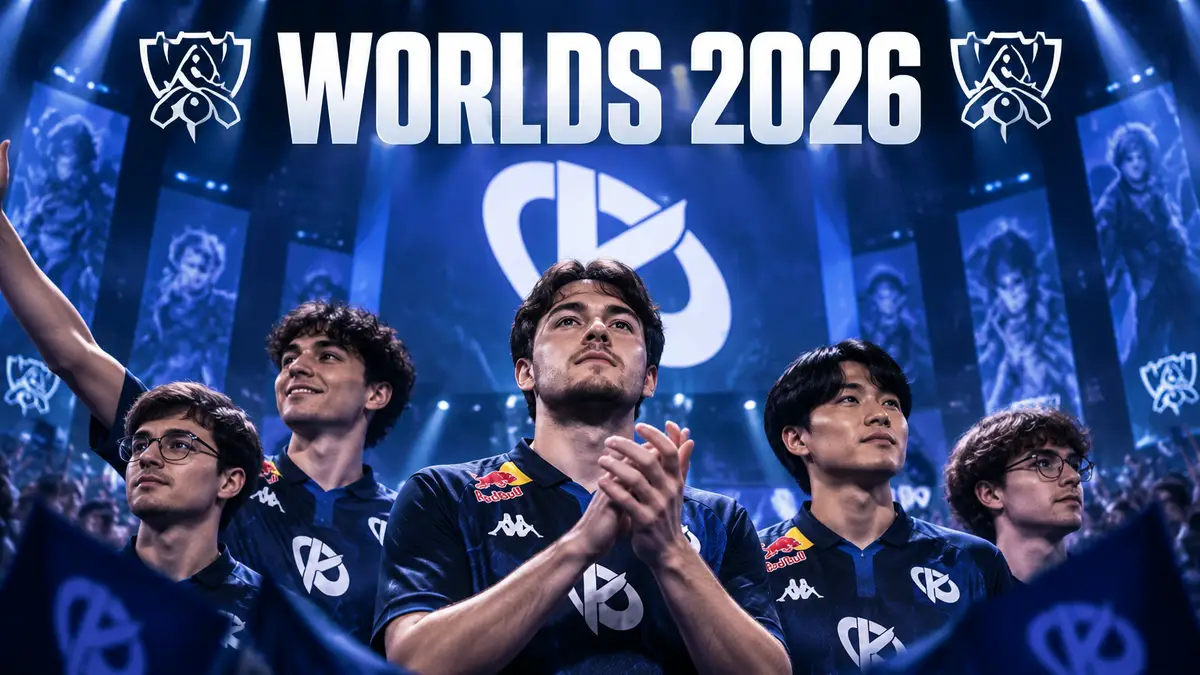 Игроки Karmine Corp на сцене чемпионата мира League of Legends Worlds 2026 под светом прожекторов
