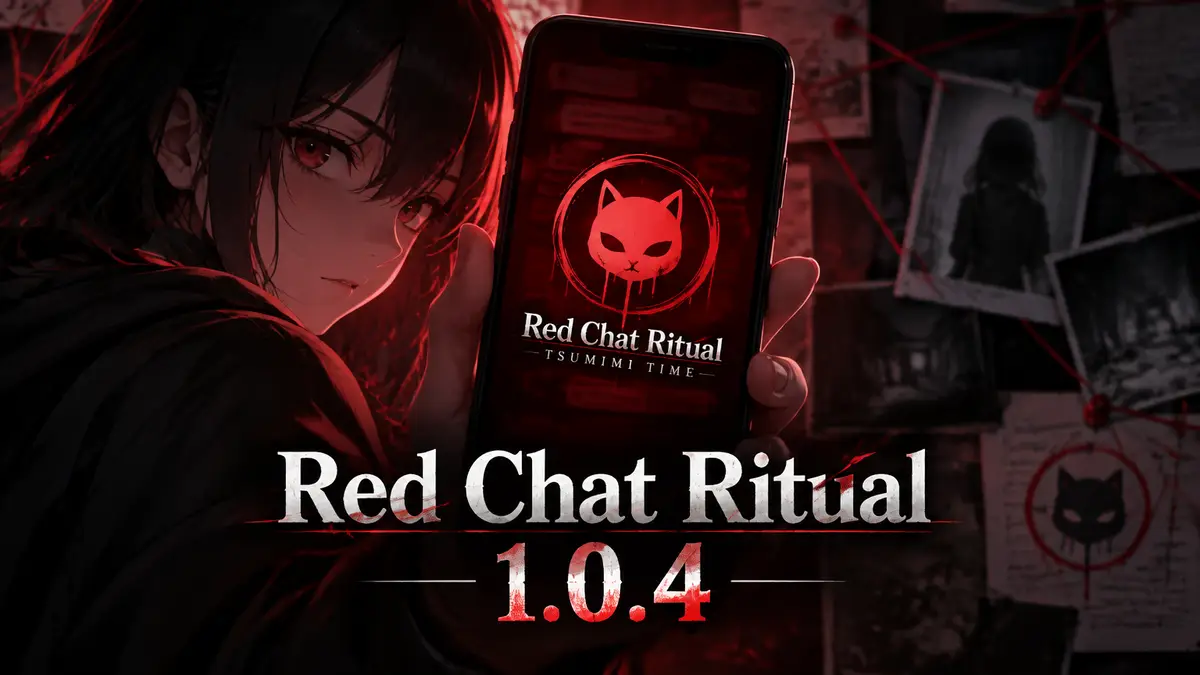 Смартфон с алым чатом в центре на тёмном фоне, логотип Red Chat Ritual – TSUMIMI TIME, атмосфера расследования