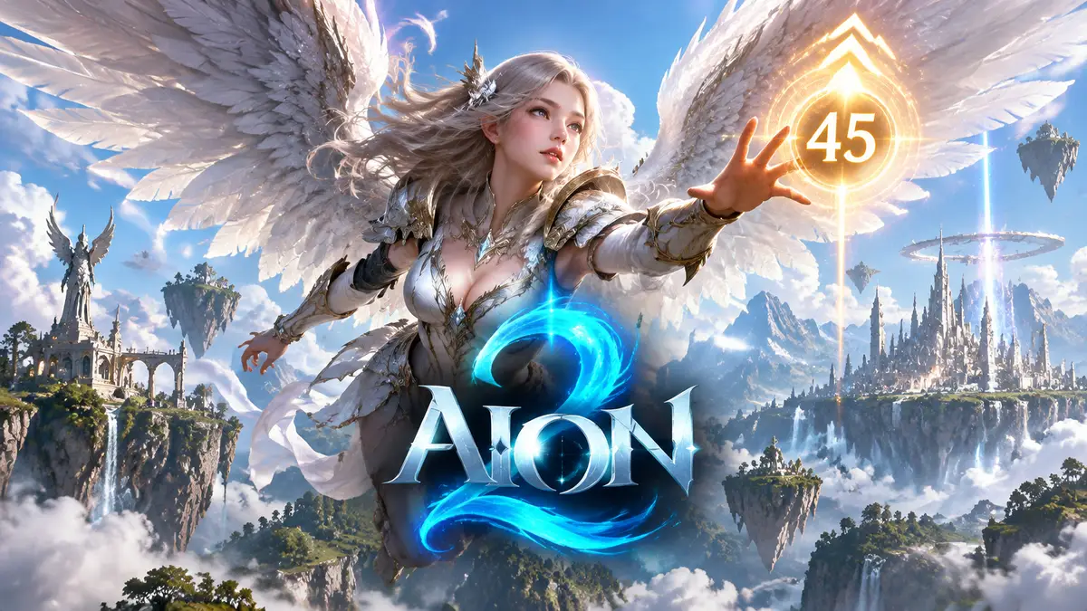 Крылатый даэв в сияющих доспехах парит над фэнтезийными землями Aion 2, логотип игры, прокачка героя