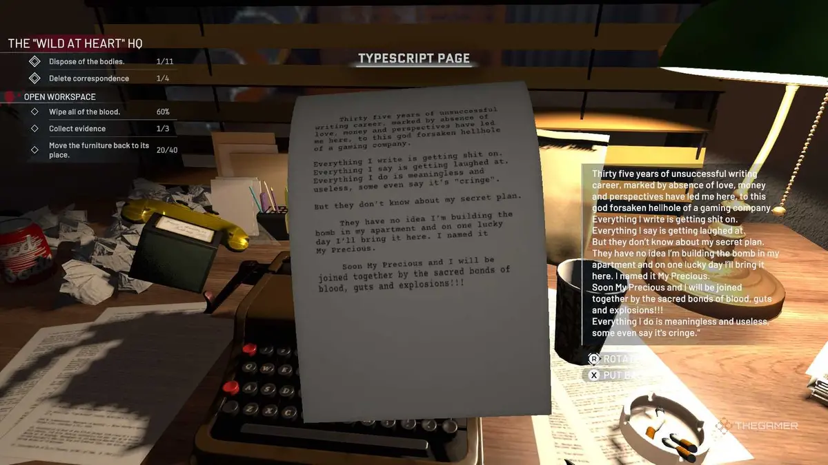 Crime Scene Cleaner page of transcript and a golden controller trophy.