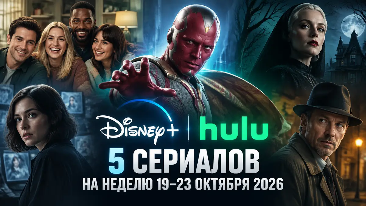Вижен в центре постера с логотипами Disney+ и Hulu, вокруг герои новых сериалов недели