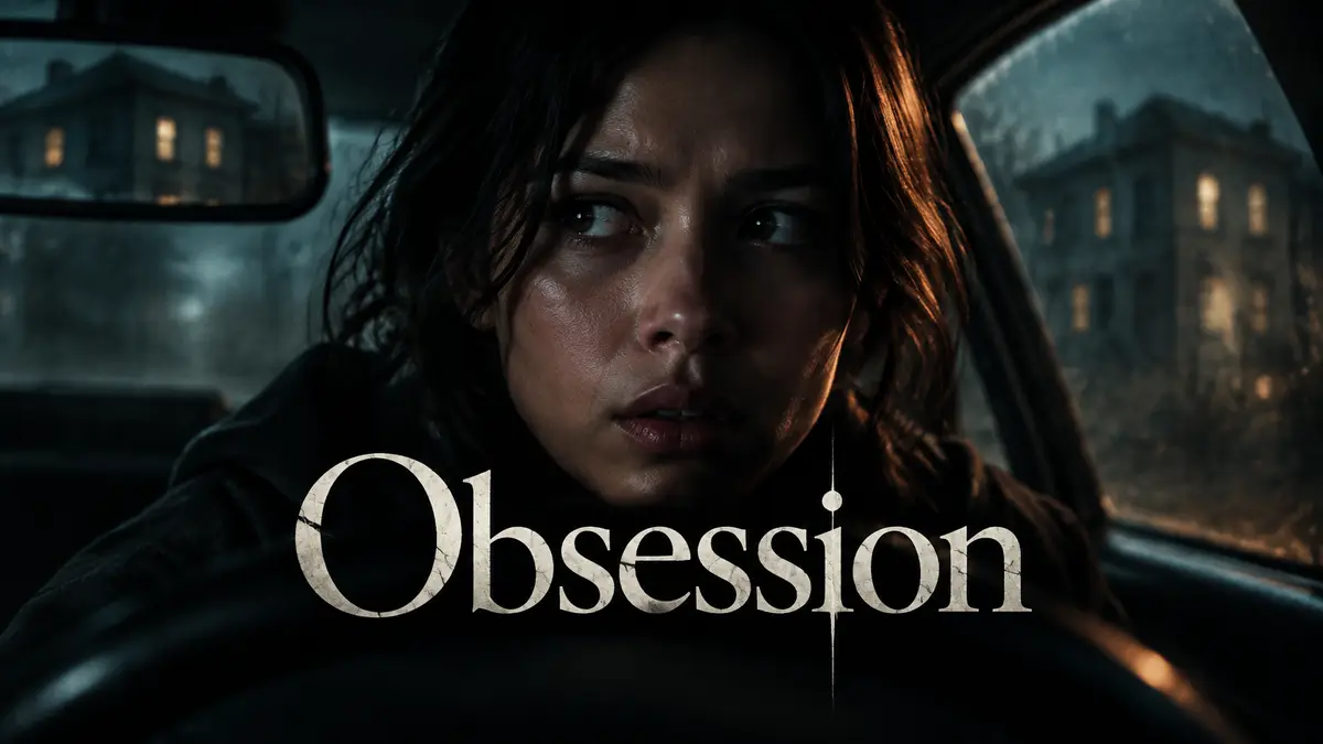 Постер хоррора Obsession: Никки Фриман в исполнении Инде Наваррете смотрит из полумрака, мрачная атмосфера