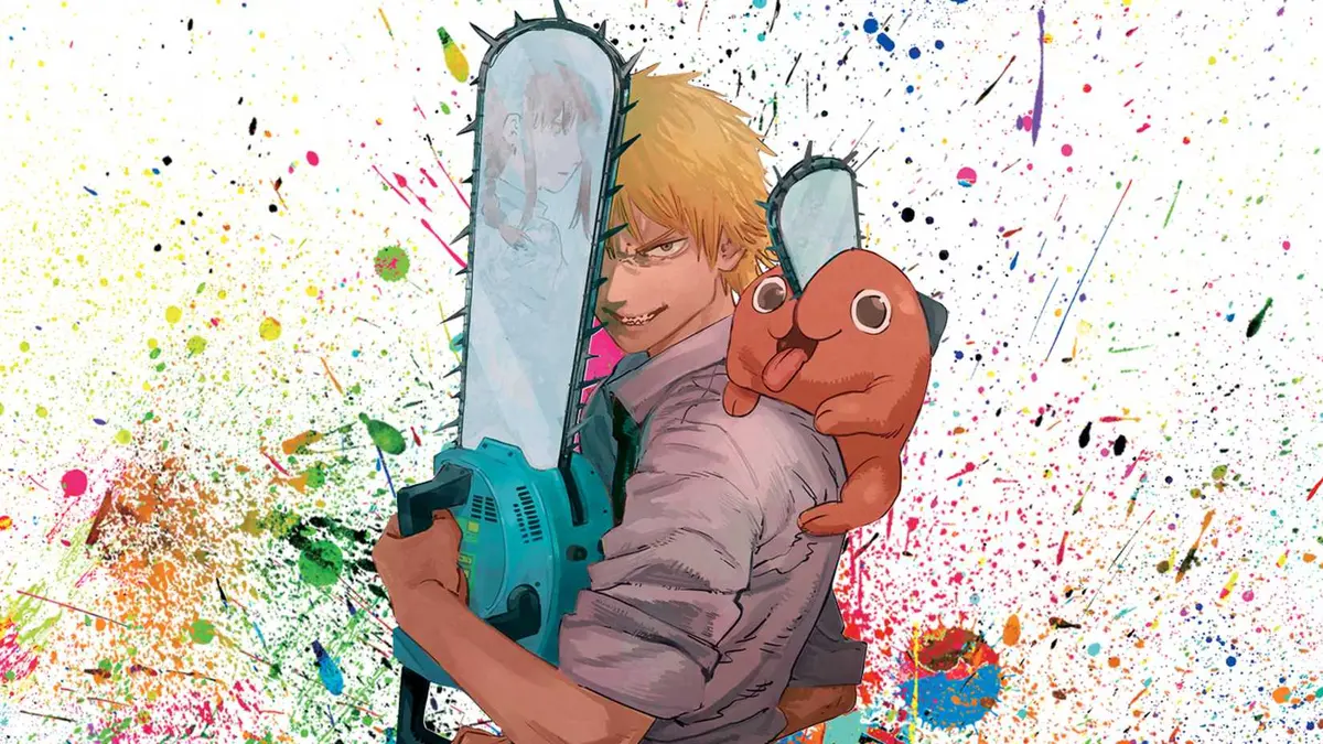 Denji holding a chainsaw while Pochita rests on his shoulder, in front of a paint-splattered background.