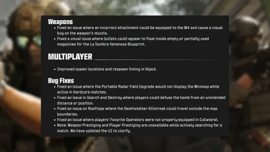 Call of Duty MW4 patch notes October 24 - Multiplayer changes from Infinity Ward including updated Hijack spawns.
