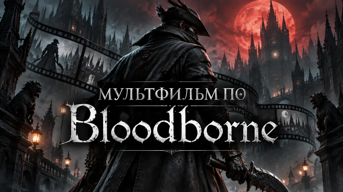 Охотник из Bloodborne в треуголке и плаще на фоне готического Ярнама, постер анимационного фильма Bloodborne