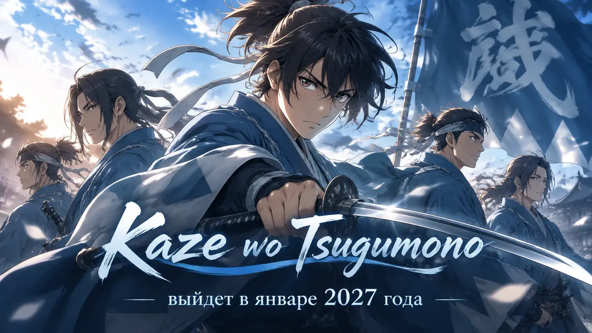 Постер оригинального аниме Kaze wo Tsugumono с самураями Синсэнгуми на фоне ветра