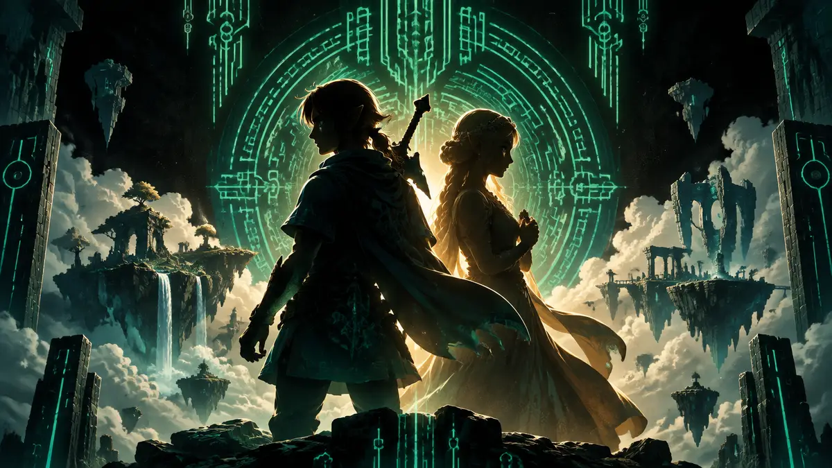 Обложка книги The Legend of Zelda: Tears of the Kingdom с Линком и Зельдой на чёрном фоне с зелёным узором Zonai