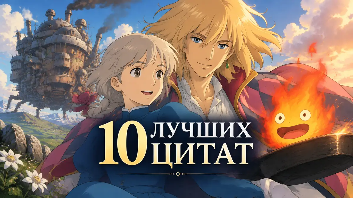 Софи, Хаул и огненный демон Кальцифер на фоне Ходячего замка в стиле Studio Ghibli, постер аниме
