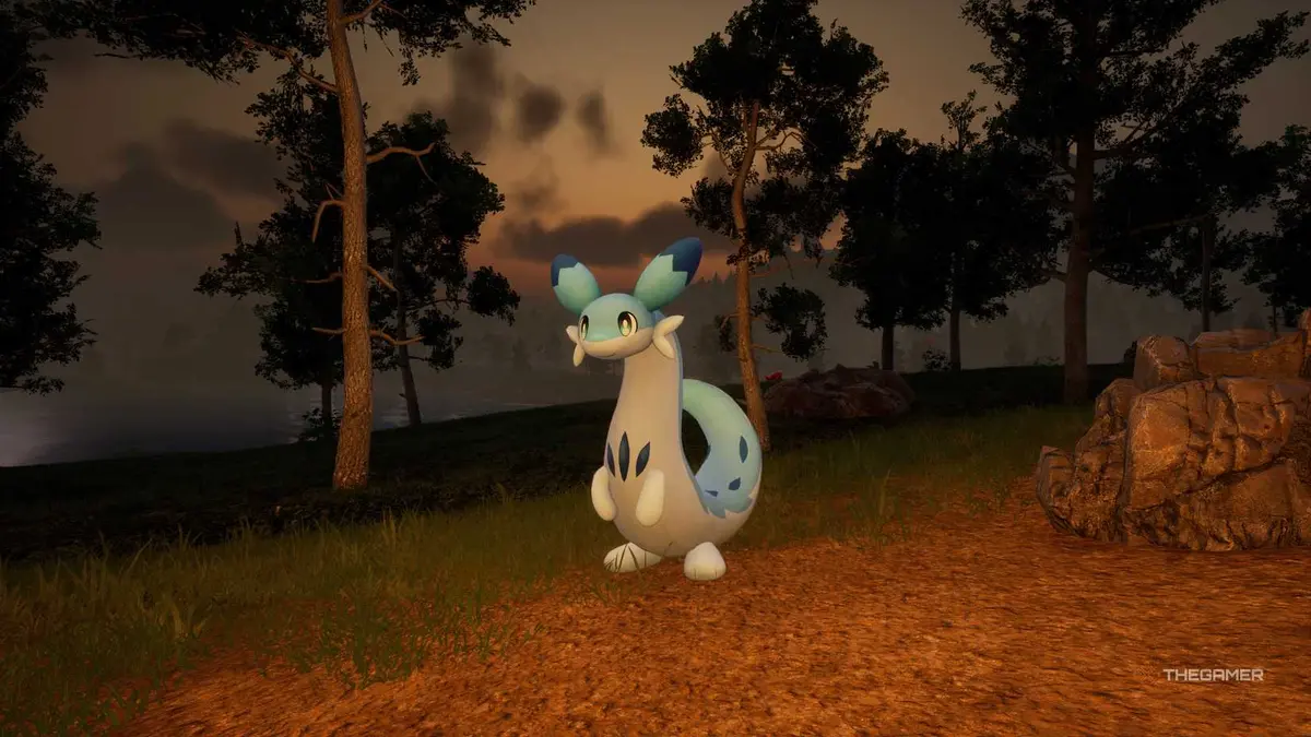Chillet at dusk beside a lit campfire in Palworld.