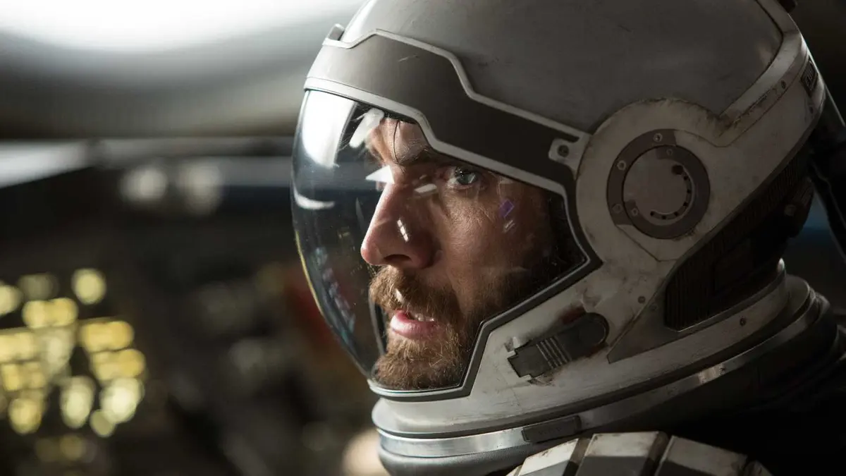 Wes Bentley wearing a space suit and looking intense in Interstellar