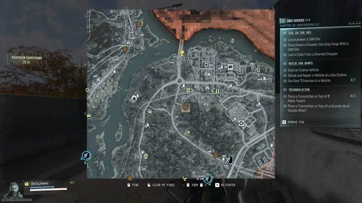 The in-game map showing the orange icons marking the locations of radio towers in DMZ.