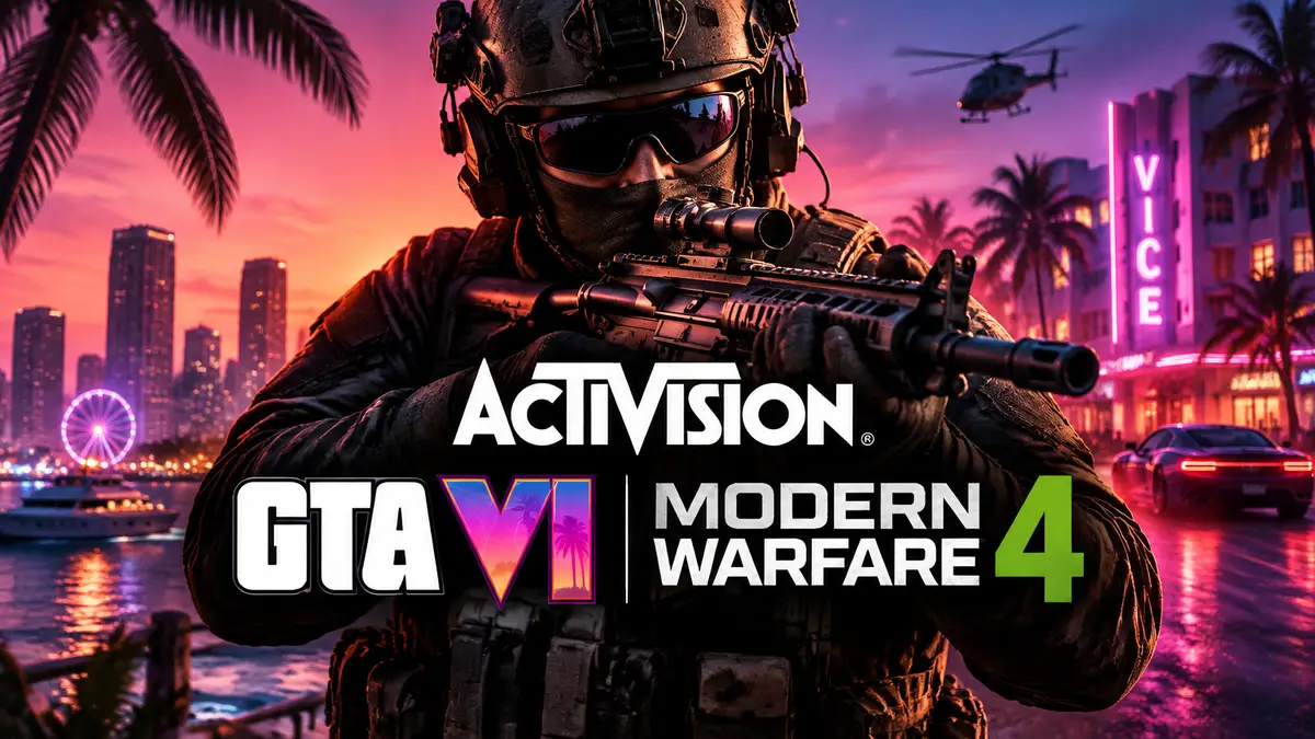 Солдат Call of Duty: Modern Warfare 4 в тактическом снаряжении на фоне неонового Вайс-Сити из GTA VI