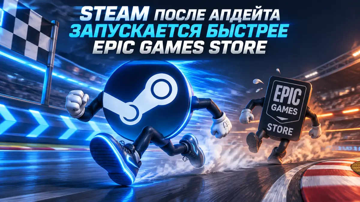 Логотип Steam обгоняет логотип Epic Games Store на гоночной трассе, неоновый стиль, тема скорости запуска
