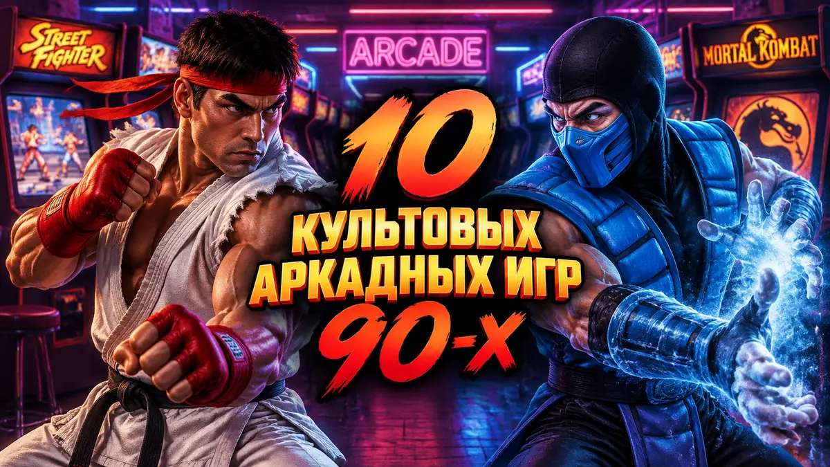 Бойцы Ryu и Sub-Zero на фоне неонового аркадного зала игровых автоматов 90-х