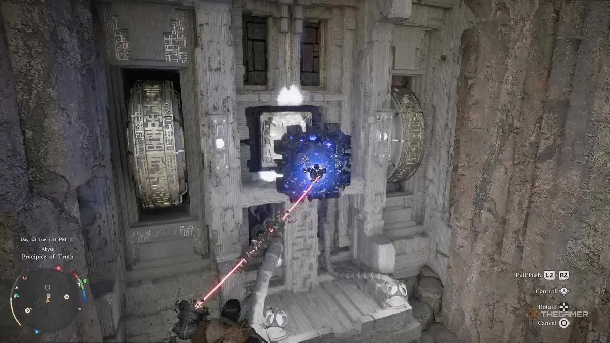 Kliff inserting final power square during the Precipice of Truth Abyss puzzle mission in Crimson Desert.