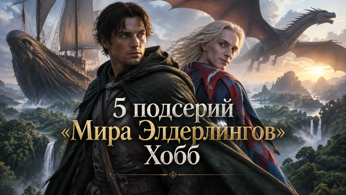 Фитц и Шут на фоне живого корабля и дракона над Дождевыми чащобами, фэнтези-постер «Мир Элдерлингов»