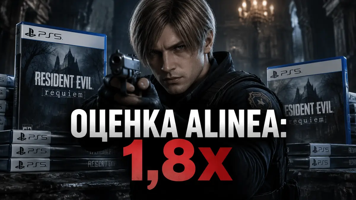 Леон Кеннеди из Resident Evil Requiem с пистолетом на фоне коробок с дисками PlayStation в мрачном стиле