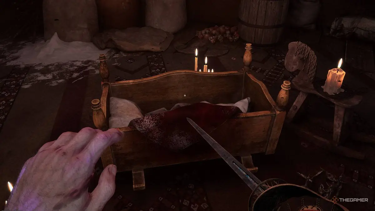 Valor Mortis looking at an empty bloody Crib.