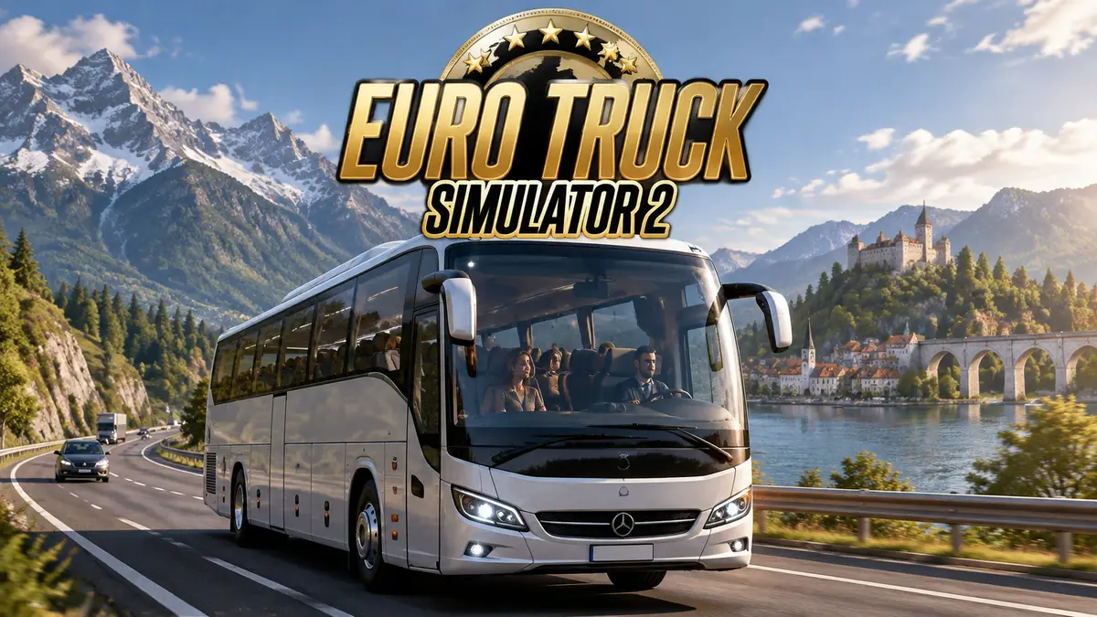 Пассажирский автобус на европейской трассе в игре Euro Truck Simulator 2