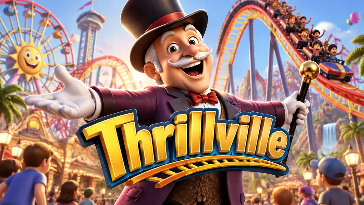 Дядя Мортимер на фоне ярких американских горок и логотипа Thrillville в красочном парке развлечений