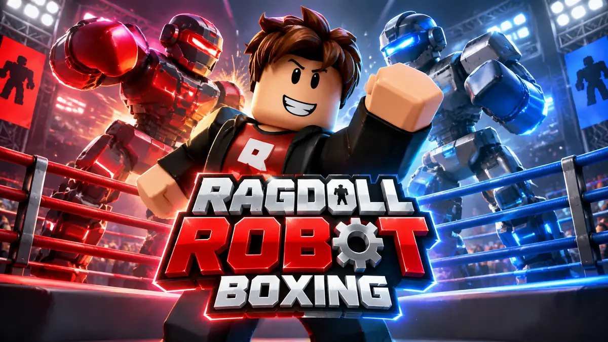 Персонаж Roblox у боксёрского ринга, где сходятся два робота, постер Ragdoll Robot Boxing