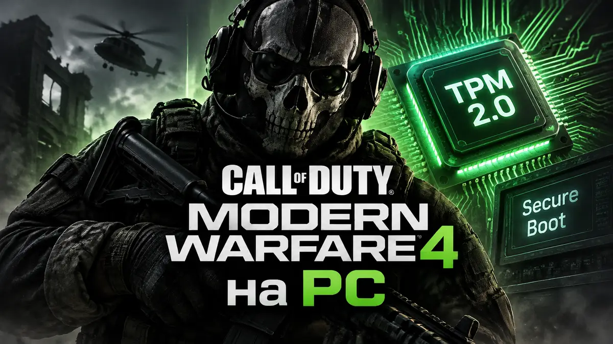 Боец в маске из Call of Duty: Modern Warfare 4 на фоне светящегося чипа TPM 2.0 и логотипа игры