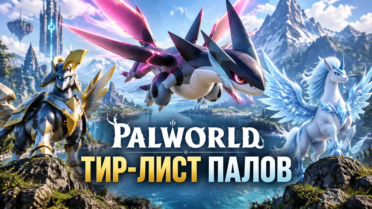 Тир-лист палов Palworld: дракон Jetragon парит над озером рядом с Paladius и Frostallion на фоне гор