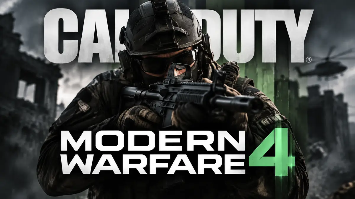 Боец в тактической экипировке целится из оружия на фоне логотипа игры Call of Duty