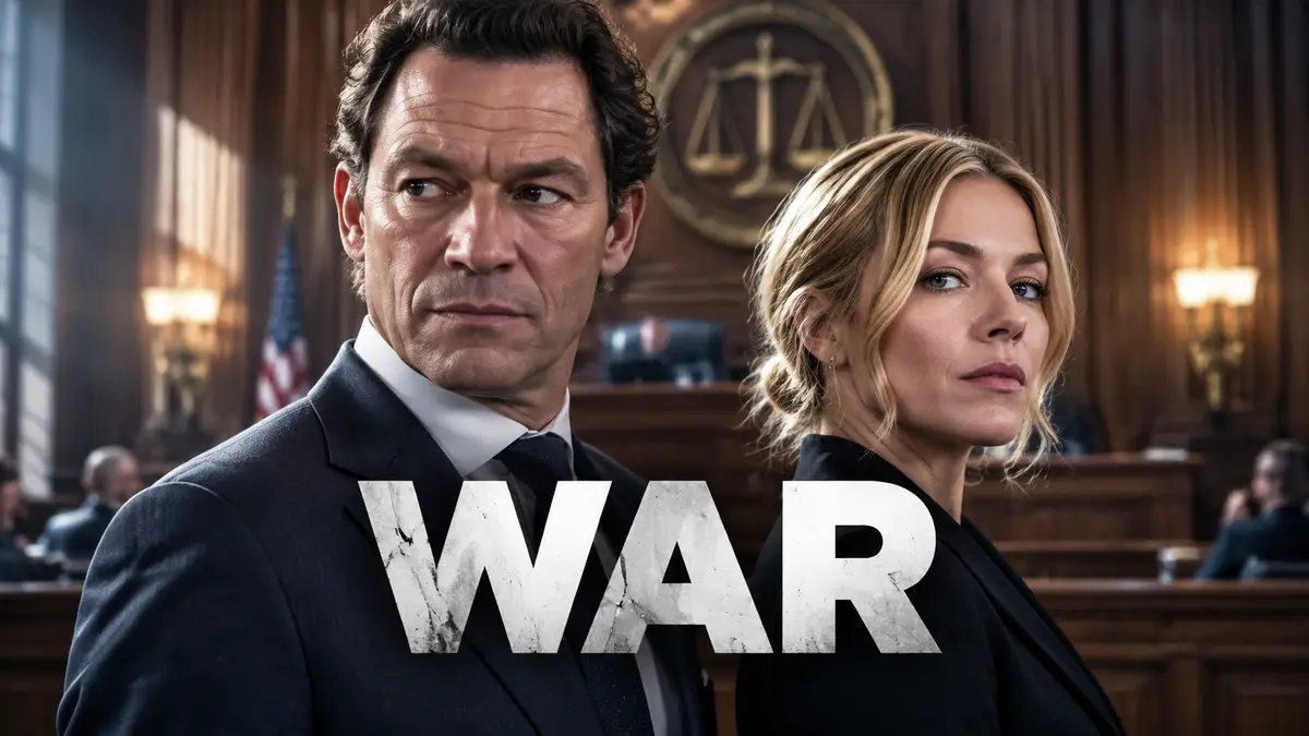 Доминик Уэст и Сиенна Миллер в образах супругов на постере сериала War HBO Max на фоне зала суда