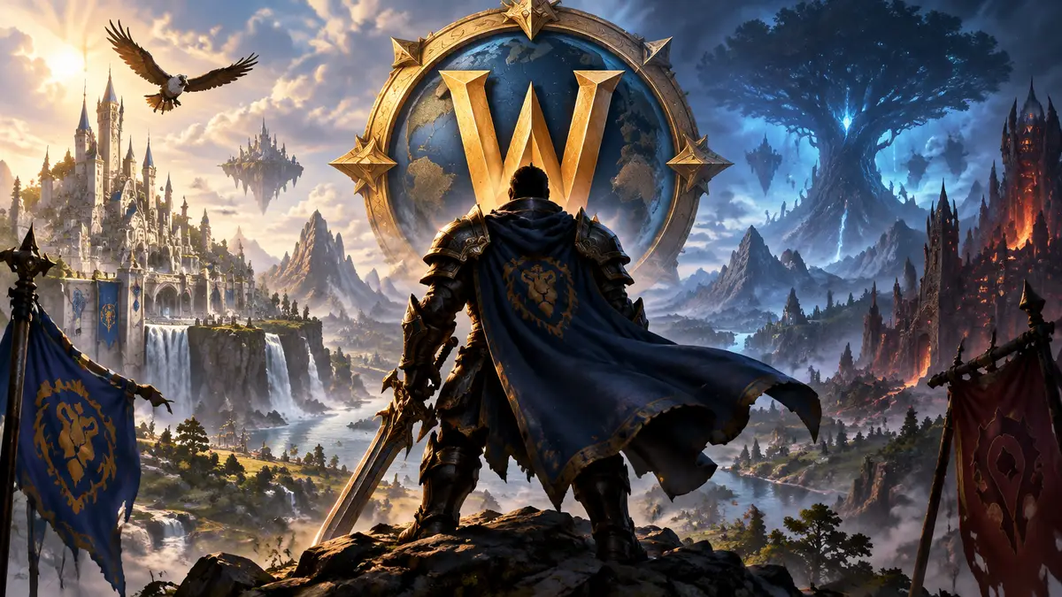 Герой World of Warcraft: Forever в доспехах на фоне фэнтезийного мира Азерота и логотипа игры
