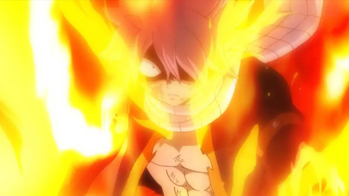 Natsu is covered in flames and completely lost in rage in his END form in Fairy Tail (2018) episode 32.