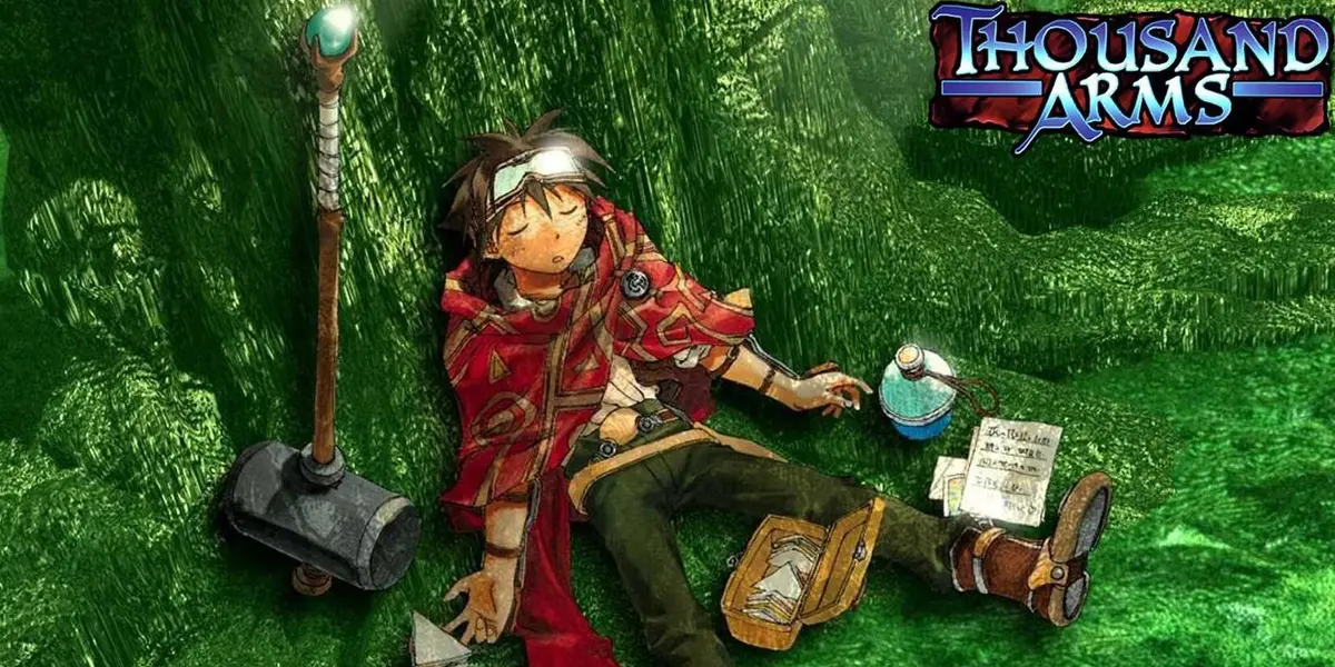 Thousand Arms Promo Image showing protagonist Meis Triumph sleeping while laying on a tree, his weapons surrounding him.