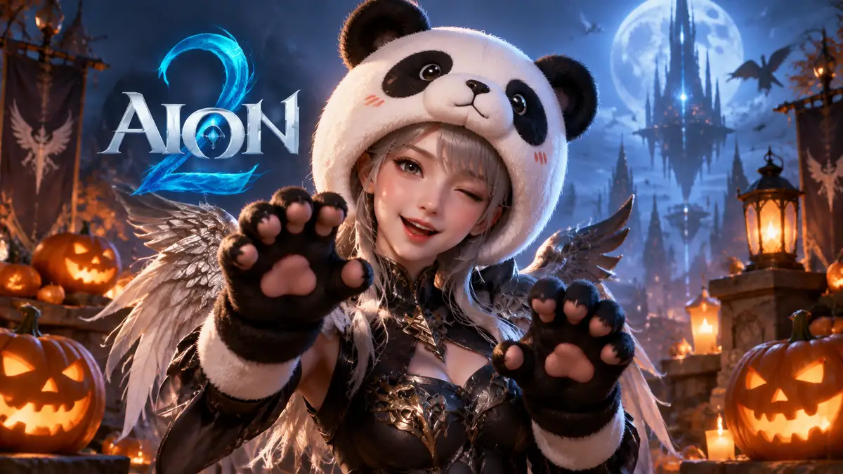 Персонаж AION 2 в забавном шлеме Chubby Panda на фоне хэллоуинских декораций и логотипа игры