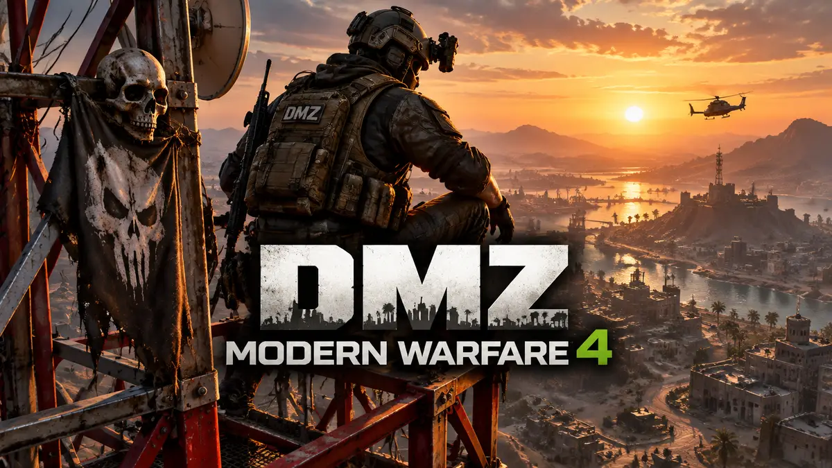 Боец в тактическом снаряжении на вершине радиобашни с черепом, DMZ Modern Warfare 4 на закате